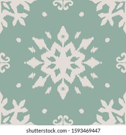 Christmas drawing with snowflakes. The Nordic style. Folk print with flakes. Scandinavian, Portuguese ornament. Spanish porcelain. Oriental damask. Ethnic motif. Ikat geometric folklore background. 