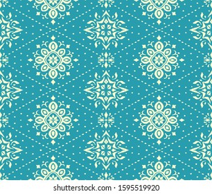 Christmas drawing with snowflakes. The Nordic style. Folk print with flakes. Scandinavian, Portuguese ornament. Spanish porcelain. Oriental damask. Ethnic motif. Ikat geometric folklore background. 
