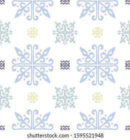Christmas drawing with snowflakes. The Nordic style. Folk print with flakes. Scandinavian, Portuguese ornament. Spanish porcelain. Oriental damask. Ethnic motif. Ikat geometric folklore background. 