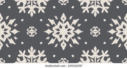 Christmas drawing with snowflakes. The Nordic style. Folk print with flakes. Scandinavian, Portuguese ornament. Spanish porcelain. Oriental damask. Ethnic motif. Ikat geometric folklore background. 
