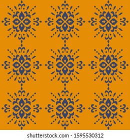 Christmas drawing with snowflakes. The Nordic style. Folk print with flakes. Scandinavian, Portuguese ornament. Spanish porcelain. Oriental damask. Ethnic motif. Ikat geometric folklore background. 