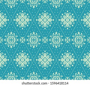 Christmas drawing with snowflakes. The Nordic style. Folk print with flakes. Scandinavian, Portuguese ornament. Spanish porcelain. Oriental damask. Ethnic motif. Ikat geometric folklore background. 