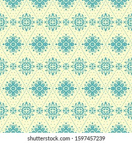Christmas drawing with snowflakes. The Nordic style. Folk print with flakes. Scandinavian, Portuguese ornament. Spanish porcelain. Oriental damask. Ethnic motif. Ikat geometric folklore background. 