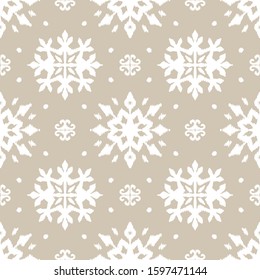 Christmas drawing with snowflakes. The Nordic style. Folk print with flakes. Scandinavian, Portuguese ornament. Spanish porcelain. Oriental damask. Ethnic motif. Ikat geometric folklore background. 