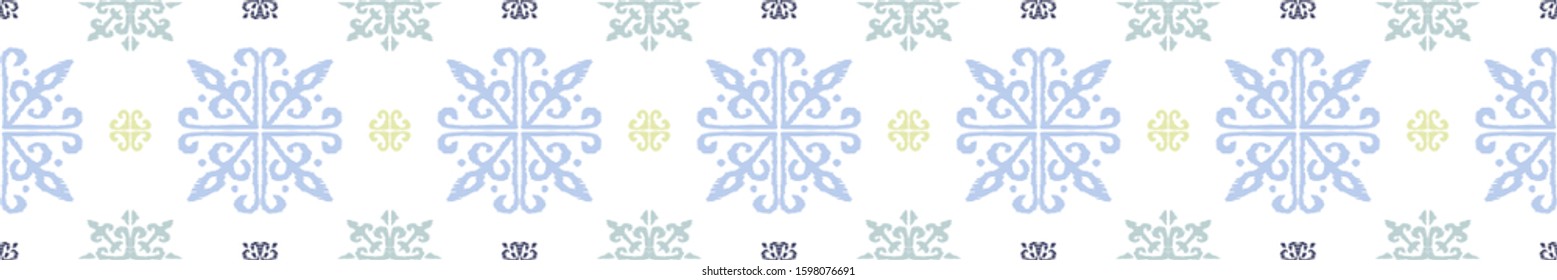 Christmas drawing with snowflakes. The Nordic style. Folk print with flakes. Scandinavian, Portuguese ornament. Spanish porcelain. Oriental damask. Ethnic motif. Ikat geometric folklore background. 