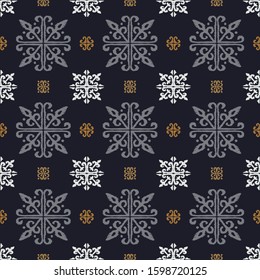 Christmas drawing with snowflakes. The Nordic style. Folk print with flakes. Scandinavian, Portuguese ornament. Spanish porcelain. Oriental damask. Ethnic motif. Ikat geometric folklore background. 