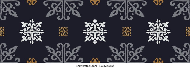 Christmas drawing with snowflakes. The Nordic style. Folk print with flakes. Scandinavian, Portuguese ornament. Spanish porcelain. Oriental damask. Ethnic motif. Ikat geometric folklore background. 