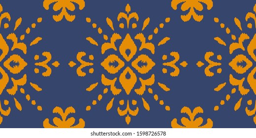 Christmas drawing with snowflakes. The Nordic style. Folk print with flakes. Scandinavian, Portuguese ornament. Spanish porcelain. Oriental damask. Ethnic motif. Ikat geometric folklore background. 