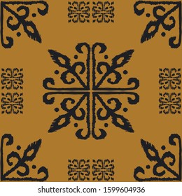 Christmas drawing with snowflakes. The Nordic style. Folk print with flakes. Scandinavian, Portuguese ornament. Spanish porcelain. Oriental damask. Ethnic motif. Ikat geometric folklore background. 