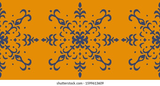 Christmas drawing with snowflakes. The Nordic style. Folk print with flakes. Scandinavian, Portuguese ornament. Spanish porcelain. Oriental damask. Ethnic motif. Ikat geometric folklore background. 