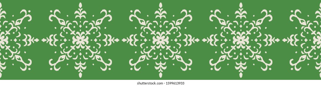 Christmas drawing with snowflakes. The Nordic style. Folk print with flakes. Scandinavian, Portuguese ornament. Spanish porcelain. Oriental damask. Ethnic motif. Ikat geometric folklore background. 
