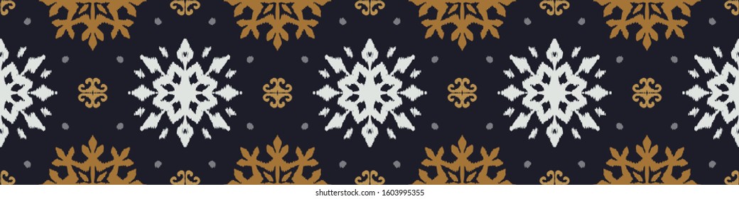 Christmas drawing with snowflakes. The Nordic style. Folk print with flakes. Scandinavian, Portuguese ornament. Spanish porcelain. Oriental damask. Ethnic motif. Ikat geometric folklore background. 