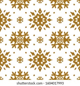Christmas drawing with snowflakes. The Nordic style. Folk print with flakes. Scandinavian, Portuguese ornament. Spanish porcelain. Oriental damask. Ethnic motif. Ikat geometric folklore background. 