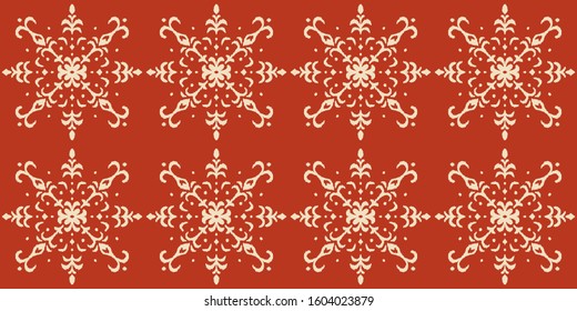 Christmas drawing with snowflakes. The Nordic style. Folk print with flakes. Scandinavian, Portuguese ornament. Spanish porcelain. Oriental damask. Ethnic motif. Ikat geometric folklore background. 
