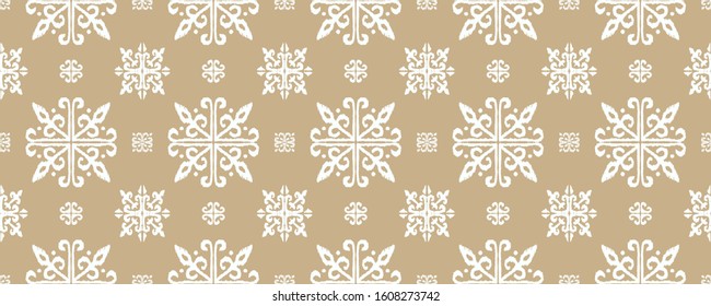 Christmas drawing with snowflakes. The Nordic style. Folk print with flakes. Scandinavian, Portuguese ornament. Spanish porcelain. Oriental damask. Ethnic motif. Ikat geometric folklore background. 