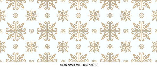 Christmas drawing with snowflakes. The Nordic style. Folk print with flakes. Scandinavian, Portuguese ornament. Spanish porcelain. Oriental damask. Ethnic motif. Ikat geometric folklore background. 