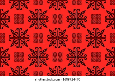 Christmas drawing with snowflakes. The Nordic style. Folk print with flakes. Scandinavian, Portuguese ornament. Spanish porcelain. Oriental damask. Ethnic motif. Ikat geometric folklore background. 