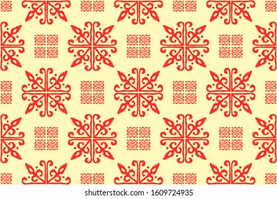 Christmas drawing with snowflakes. The Nordic style. Folk print with flakes. Scandinavian, Portuguese ornament. Spanish porcelain. Oriental damask. Ethnic motif. Ikat geometric folklore background. 