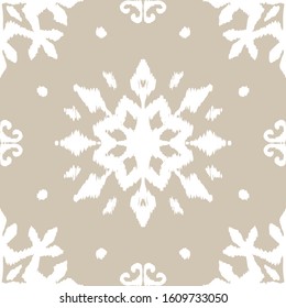 Christmas drawing with snowflakes. The Nordic style. Folk print with flakes. Scandinavian, Portuguese ornament. Spanish porcelain. Oriental damask. Ethnic motif. Ikat geometric folklore background. 