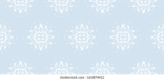 Christmas drawing with snowflakes. The Nordic style. Folk print with flakes. Scandinavian, Portuguese ornament. Spanish porcelain. Oriental damask. Ethnic motif. Ikat geometric folklore background. 