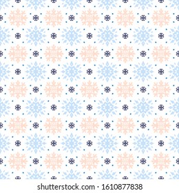 Christmas drawing with snowflakes. The Nordic style. Folk print with flakes. Scandinavian, Portuguese ornament. Spanish porcelain. Oriental damask. Ethnic motif. Ikat geometric folklore background. 