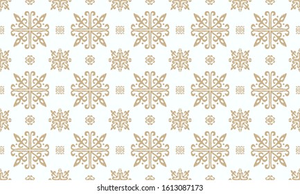 Christmas drawing with snowflakes. The Nordic style. Folk print with flakes. Scandinavian, Portuguese ornament. Spanish porcelain. Oriental damask. Ethnic motif. Ikat geometric folklore background. 