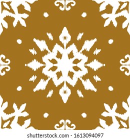 Christmas drawing with snowflakes. The Nordic style. Folk print with flakes. Scandinavian, Portuguese ornament. Spanish porcelain. Oriental damask. Ethnic motif. Ikat geometric folklore background. 