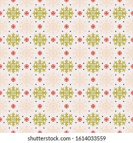 Christmas drawing with snowflakes. The Nordic style. Folk print with flakes. Scandinavian, Portuguese ornament. Spanish porcelain. Oriental damask. Ethnic motif. Ikat geometric folklore background. 