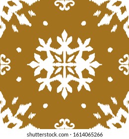 Christmas drawing with snowflakes. The Nordic style. Folk print with flakes. Scandinavian, Portuguese ornament. Spanish porcelain. Oriental damask. Ethnic motif. Ikat geometric folklore background. 