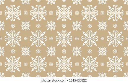 Christmas drawing with snowflakes. The Nordic style. Folk print with flakes. Scandinavian, Portuguese ornament. Spanish porcelain. Oriental damask. Ethnic motif. Ikat geometric folklore background. 