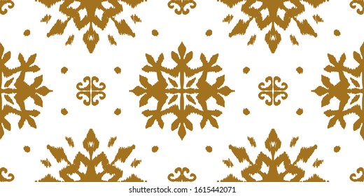 Christmas drawing with snowflakes. The Nordic style. Folk print with flakes. Scandinavian, Portuguese ornament. Spanish porcelain. Oriental damask. Ethnic motif. Ikat geometric folklore background. 