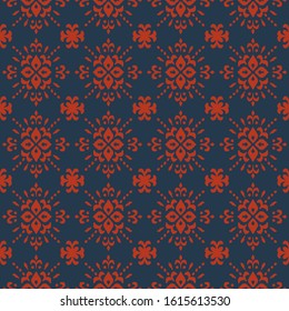 Christmas drawing with snowflakes. The Nordic style. Folk print with flakes. Scandinavian, Portuguese ornament. Spanish porcelain. Oriental damask. Ethnic motif. Ikat geometric folklore background. 