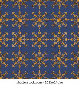 Christmas drawing with snowflakes. The Nordic style. Folk print with flakes. Scandinavian, Portuguese ornament. Spanish porcelain. Oriental damask. Ethnic motif. Ikat geometric folklore background. 