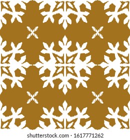 Christmas drawing with snowflakes. The Nordic style. Folk print with flakes. Scandinavian, Portuguese ornament. Spanish porcelain. Oriental damask. Ethnic motif. Ikat geometric folklore background. 