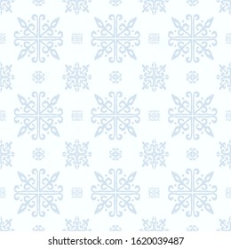 Christmas drawing with snowflakes. The Nordic style. Folk print with flakes. Scandinavian, Portuguese ornament. Spanish porcelain. Oriental damask. Ethnic motif. Ikat geometric folklore background. 