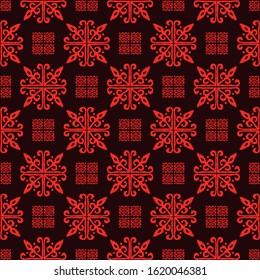 Christmas drawing with snowflakes. The Nordic style. Folk print with flakes. Scandinavian, Portuguese ornament. Spanish porcelain. Oriental damask. Ethnic motif. Ikat geometric folklore background. 