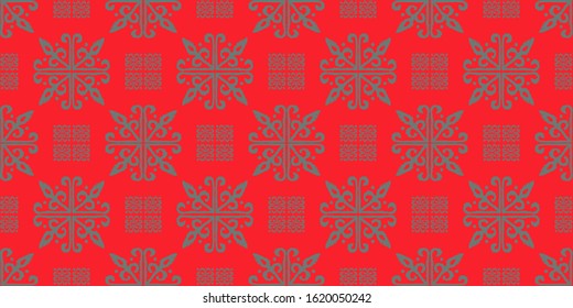 Christmas drawing with snowflakes. The Nordic style. Folk print with flakes. Scandinavian, Portuguese ornament. Spanish porcelain. Oriental damask. Ethnic motif. Ikat geometric folklore background. 