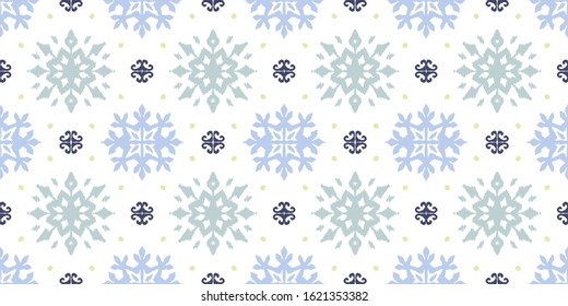 Christmas drawing with snowflakes. The Nordic style. Folk print with flakes. Scandinavian, Portuguese ornament. Spanish porcelain. Oriental damask. Ethnic motif. Ikat geometric folklore background. 