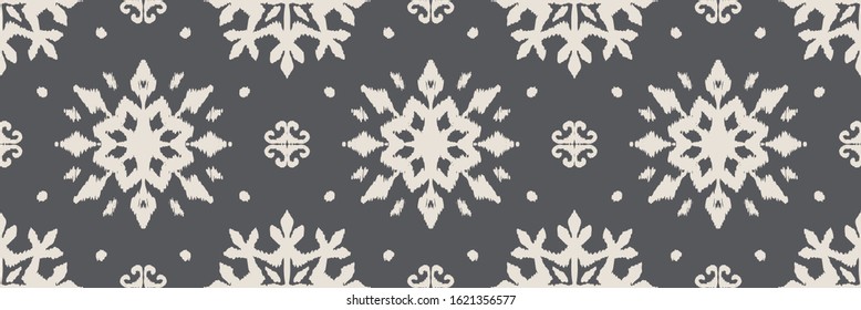 Christmas drawing with snowflakes. The Nordic style. Folk print with flakes. Scandinavian, Portuguese ornament. Spanish porcelain. Oriental damask. Ethnic motif. Ikat geometric folklore background. 