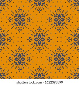 Christmas drawing with snowflakes. The Nordic style. Folk print with flakes. Scandinavian, Portuguese ornament. Spanish porcelain. Oriental damask. Ethnic motif. Ikat geometric folklore background. 