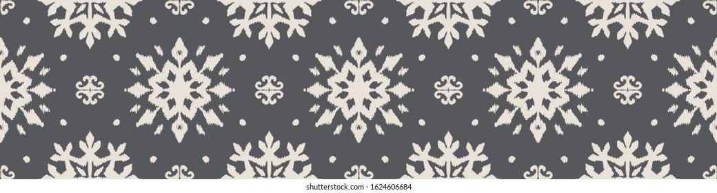 Christmas drawing with snowflakes. The Nordic style. Folk print with flakes. Scandinavian, Portuguese ornament. Spanish porcelain. Oriental damask. Ethnic motif. Ikat geometric folklore background. 