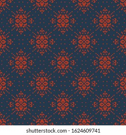 Christmas drawing with snowflakes. The Nordic style. Folk print with flakes. Scandinavian, Portuguese ornament. Spanish porcelain. Oriental damask. Ethnic motif. Ikat geometric folklore background. 