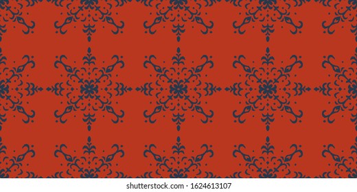 Christmas drawing with snowflakes. The Nordic style. Folk print with flakes. Scandinavian, Portuguese ornament. Spanish porcelain. Oriental damask. Ethnic motif. Ikat geometric folklore background. 
