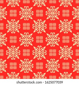 Christmas drawing with snowflakes. The Nordic style. Folk print with flakes. Scandinavian, Portuguese ornament. Spanish porcelain. Oriental damask. Ethnic motif. Ikat geometric folklore background. 