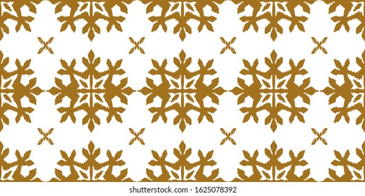 Christmas drawing with snowflakes. The Nordic style. Folk print with flakes. Scandinavian, Portuguese ornament. Spanish porcelain. Oriental damask. Ethnic motif. Ikat geometric folklore background. 