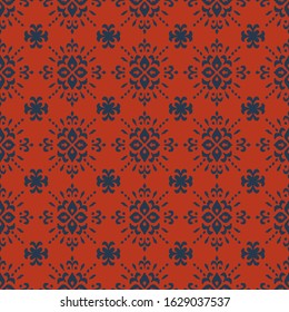 Christmas drawing with snowflakes. The Nordic style. Folk print with flakes. Scandinavian, Portuguese ornament. Spanish porcelain. Oriental damask. Ethnic motif. Ikat geometric folklore background. 
