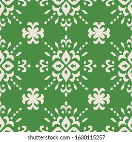 Christmas drawing with snowflakes. The Nordic style. Folk print with flakes. Scandinavian, Portuguese ornament. Spanish porcelain. Oriental damask. Ethnic motif. Ikat geometric folklore background. 