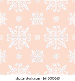Christmas drawing with snowflakes. The Nordic style. Folk print with flakes. Scandinavian, Portuguese ornament. Spanish porcelain. Oriental damask. Ethnic motif. Ikat geometric folklore background. 