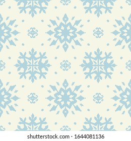 Christmas drawing with snowflakes. The Nordic style. Folk print with flakes. Scandinavian, Portuguese ornament. Spanish porcelain. Oriental damask. Ethnic motif. Ikat geometric folklore background. 
