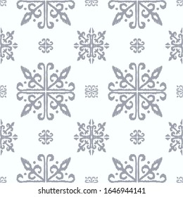 Christmas drawing with snowflakes. The Nordic style. Folk print with flakes. Scandinavian, Portuguese ornament. Spanish porcelain. Oriental damask. Ethnic motif. Ikat geometric folklore background. 